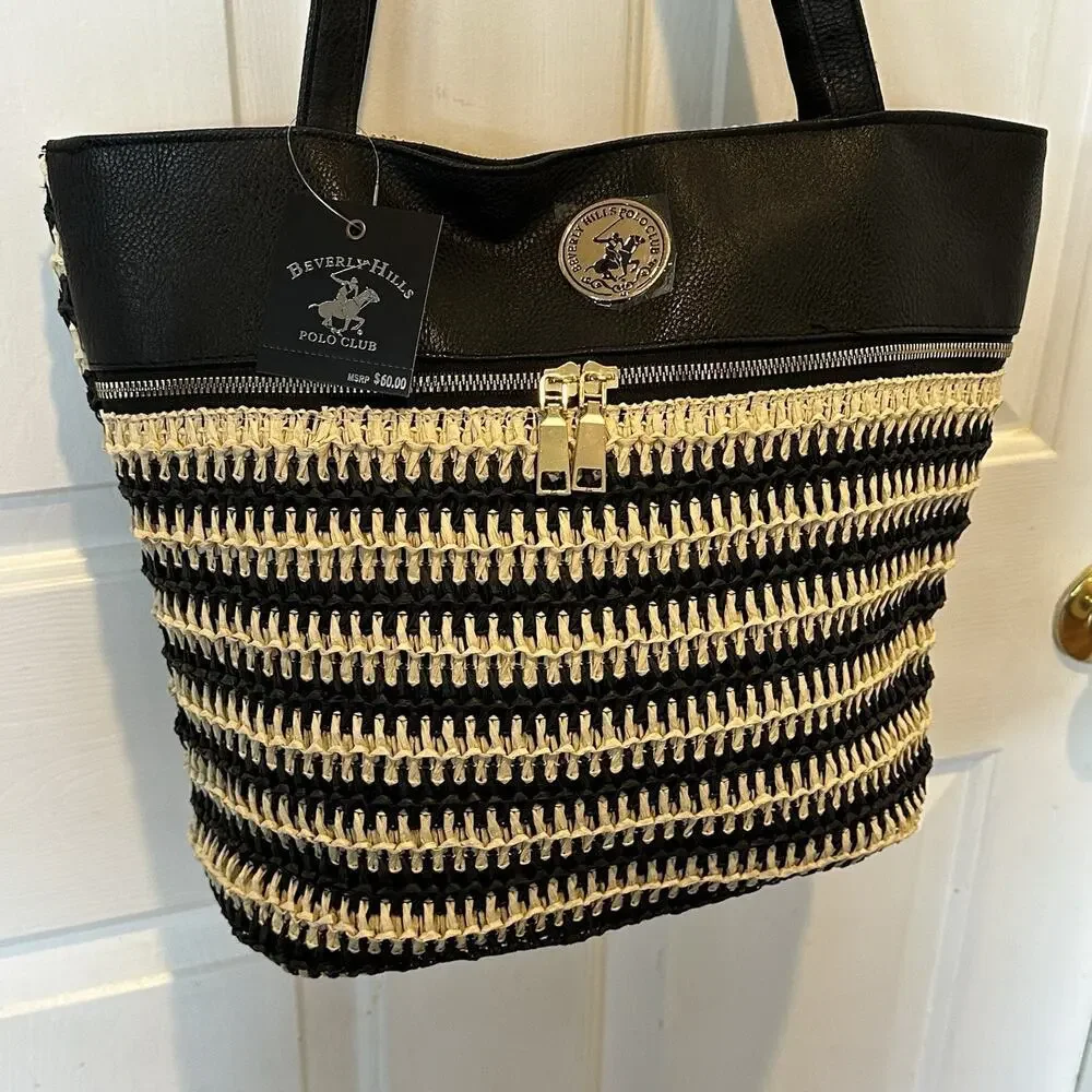 Beverly‎ Hills Polo Club Women Black Straw Stripe Tote Bag Gold Logo NWT